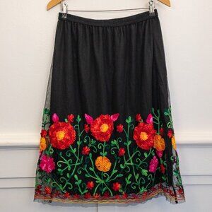 Magic Black Mesh Embroidered Floral Skirt – Size M Boho Festival Style